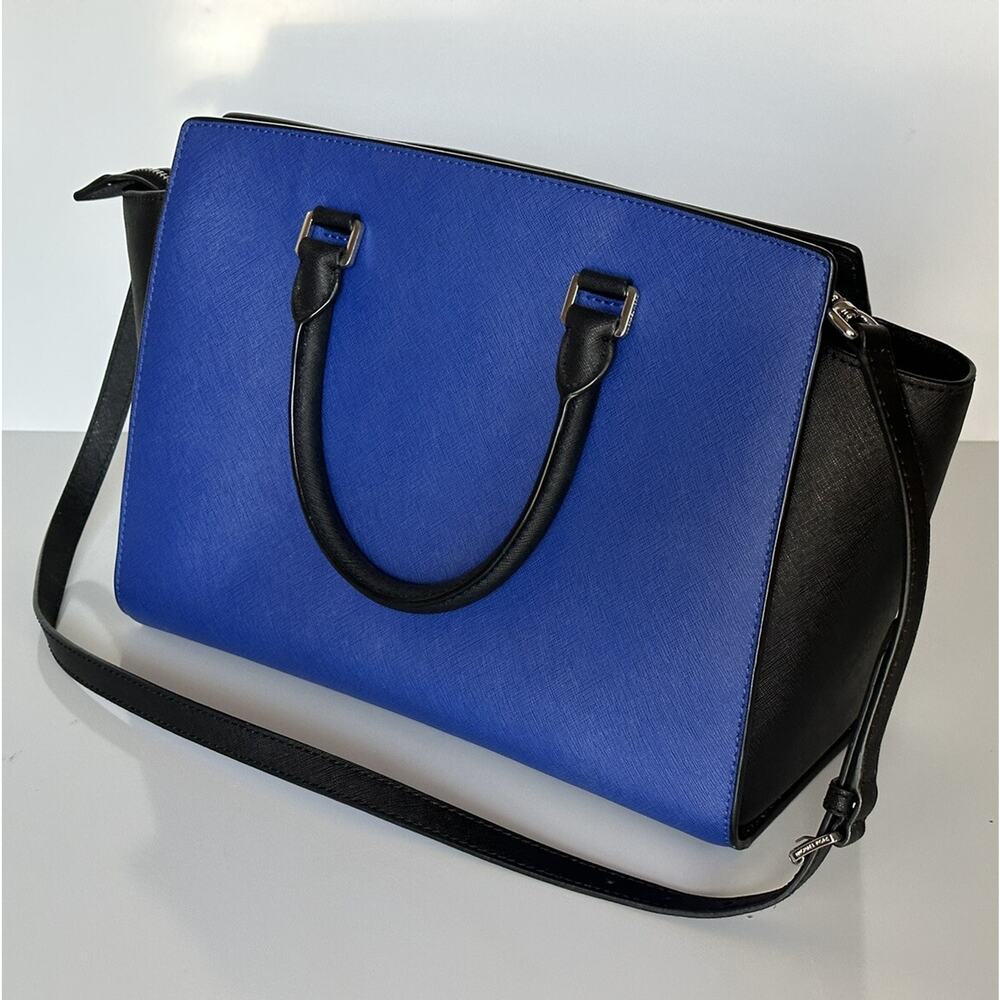 Michael Kors Selma Sapphire/Black LG Leather Satchel Handbag - Picture 3 of 13